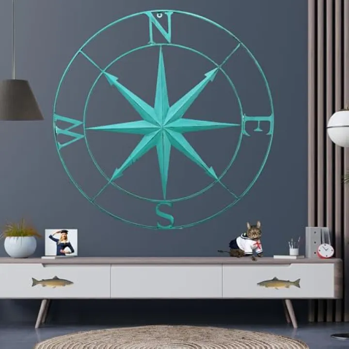 Bellaa 27154 Metal Wall Art Rustic Compass North Star Coastal Large Nautical Decor Distressed Iron Round Turquoise 30 inch Living Room Indoor Outdoor Hanging Maritime Accent Garden Patio