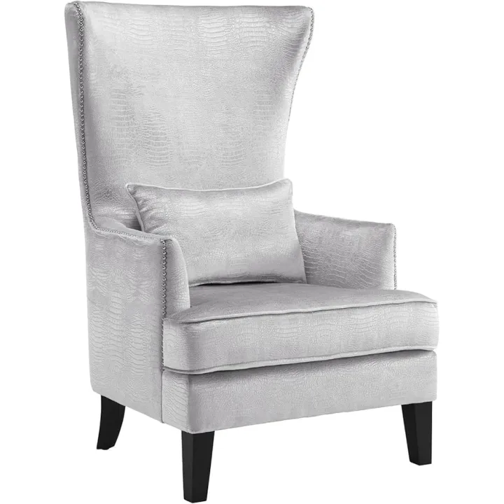 TOV Furniture The Bristol Collection Contemporary Velvet Upholstered Tall Living Room Parlor Chair with Nailhead Trim, Silver Croc