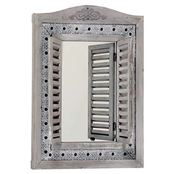 WHW Whole House Worlds Americana Rustic Farmhouse Mirror with Shutters, Vintage Gray, Distressed Metal Border of Braided Flowers, Wood, Glass 21 3/4 x 1 1/4 x 28 3/4 Inches