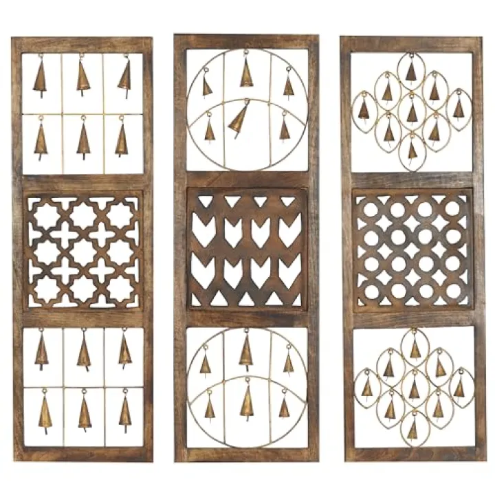 Deco 79 Metal Bell Home Wall Decor Intricately Carved Wall Sculpture, set of 3 Wall Art 12" x 1" x 36", Brown