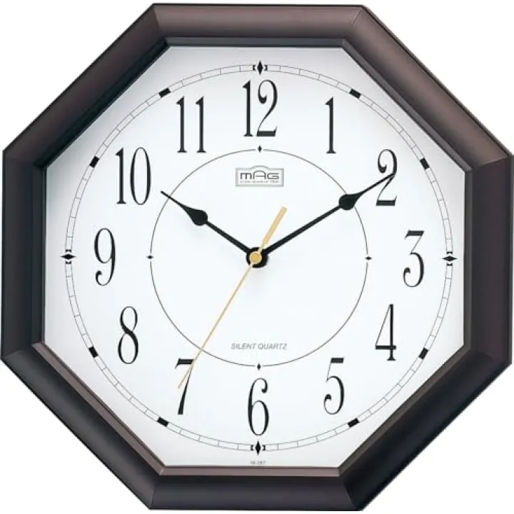 MAG W-287BR-Z Octagon Analog Wall Clock, Silent, Continuous Second Hand, Brown