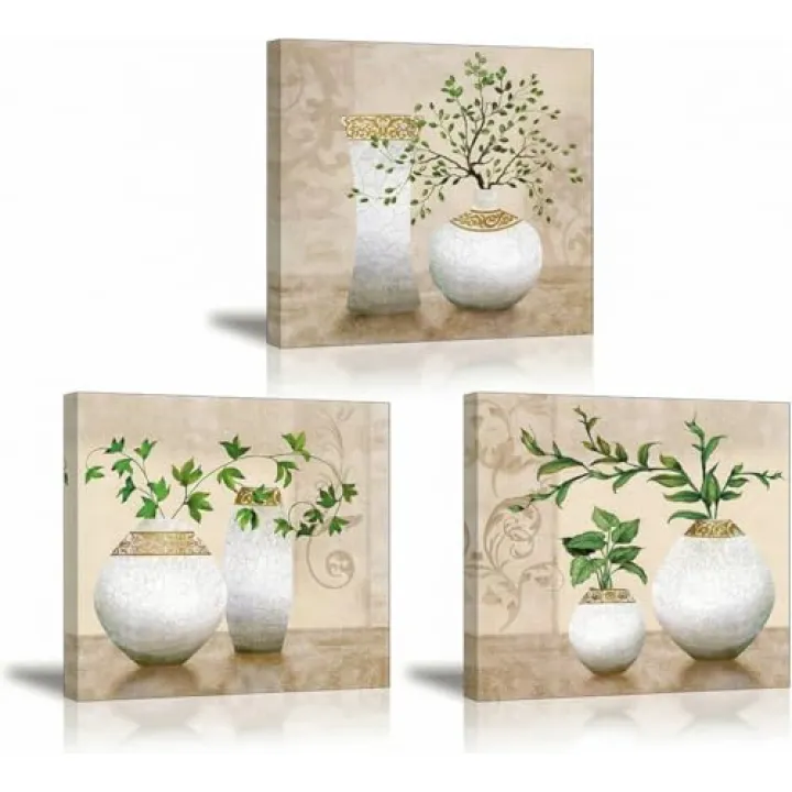 TEKMENT 3 Piece Wall Art for Bathroom/Hallway, SZ HD Elegant Canvas Painting Prints of Green Spring Plants in Vases on Beige/Tan Picture (Waterproof Decor, Ready to Hang, 12x12 x3)