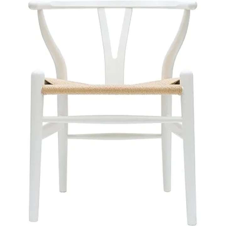 Wishbone Y Back Wooden Dining Chair with Woven Papercord Seat, Modern Farmhouse Elbow Side Chair, White, Single, Set of 1
