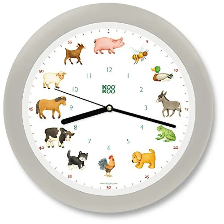 KOOKOO KidsWorld Silk-Grey, Wall Clock for Children with Natural Sounds, 12 Farm Animals