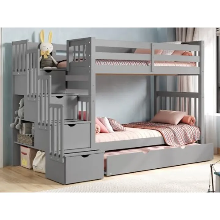 Bedz King Tall Stairway Bunk Beds Twin over Twin with 4 Drawers in the Steps and a Twin Trundle, Gray