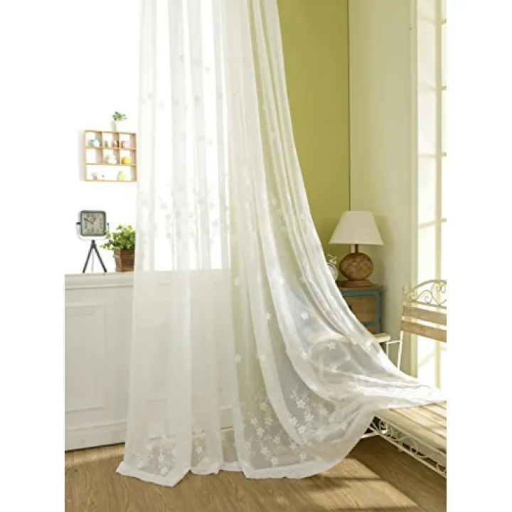 VOGOL White Sheer Curtains 63 inches Length, Embroidered Window Treatment Curtain Sheer Voile Panels for Kitchen, Small Windows, 42x63, 2 Panels