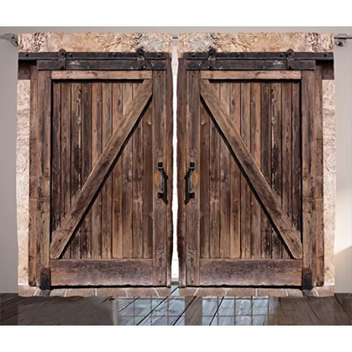 Ambesonne Rustic Curtains, Wooden Barn Door in Stone Farmhouse Image Vintage Desgin Rural Art Architecture Print, Living Room Bedroom Window Drapes 2 Panel Set, 108" X 84", Beige