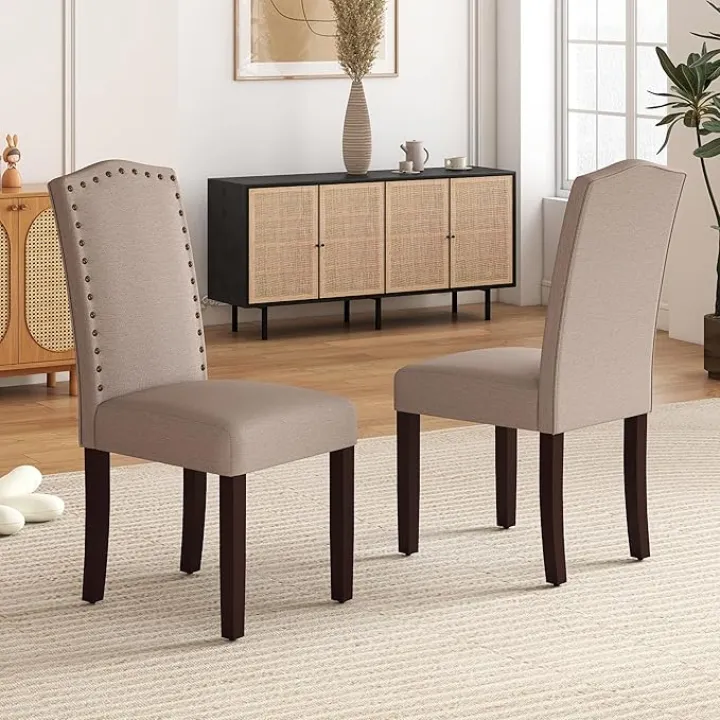 LSSBOUGHT Dining Chairs Set of 2, Upholstered Parsons Dining Room Chairs Fabric Kitchen Chairs with Solid Wood Frame and Nailhead Trim, Gray