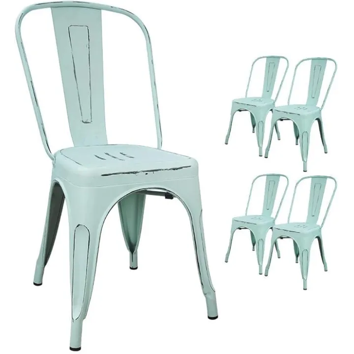 Devoko Metal Indoor-Outdoor Chairs Distressed Style Kitchen Dining Chairs Stackable Side Chair with Back Set of 4 (Blue)