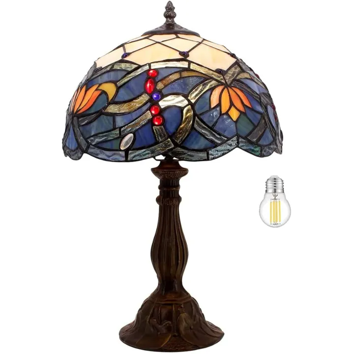 WERFACTORY Tiffany Table Lamp Stained Glass Bedside Lamp Blue Lotus Desk Reading Light 12X12X18 Inches Decor Bedroom Living Room Home Office S220 Series