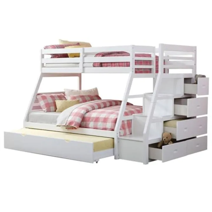 Acme Jason Wooden Twin/Full Bunk Bed with Storage Ladder/Trundle in White