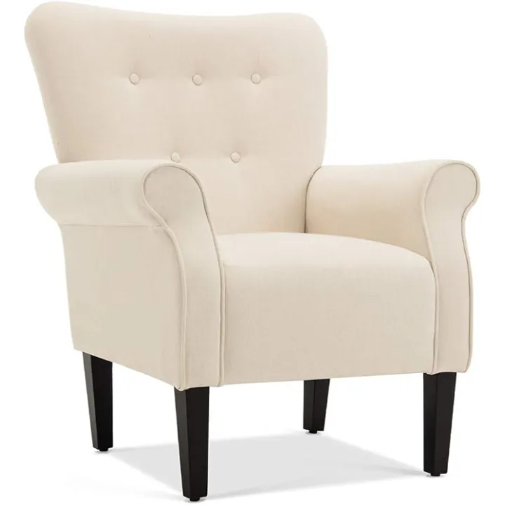 BELLEZE Modern Accent Chair, High Back Armchair, Upholstered Wingback Side Chair, Padded Single Sofa with Wooden Legs for Living Room, Bedroom - Beige