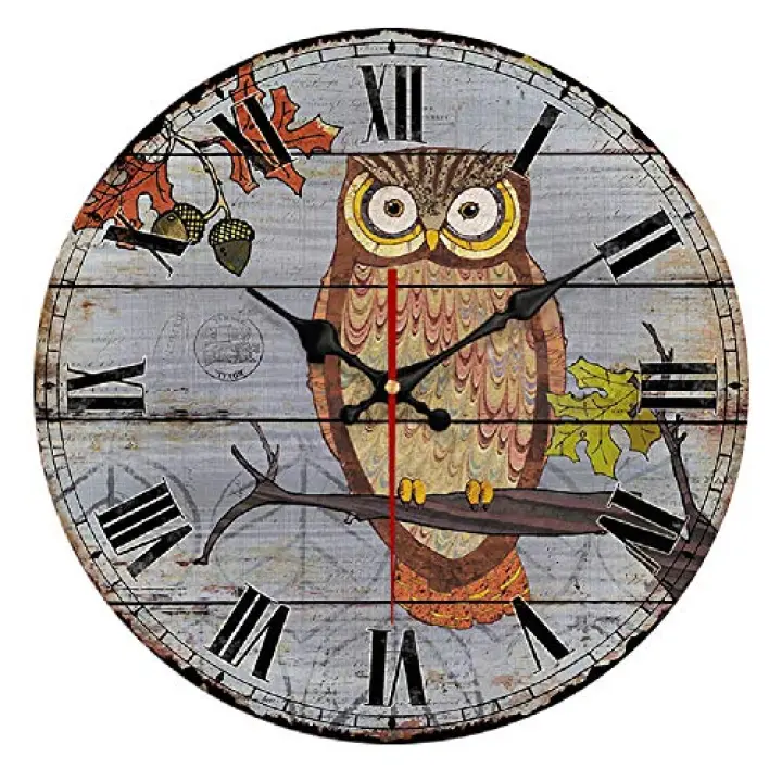 YeYo Owl Wall Clock Made of Wood Battery Operated Home Decoration French Country Silent Clock Painted Retro Style for Children's Room (16inch)