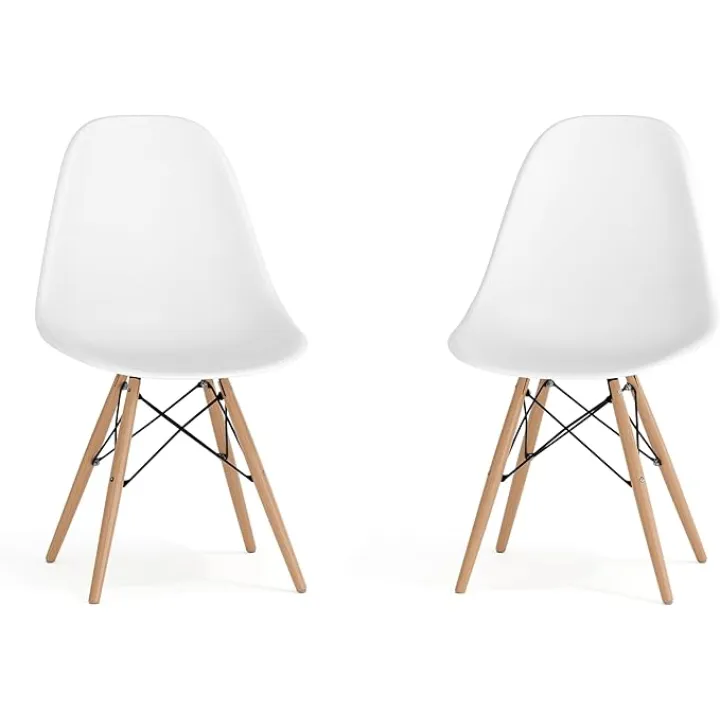 Flash Furniture Elon Series Plastic Modern Dining Chairs with Wooden Legs, Mid-Century Side Chairs for Dining Rooms and Offices, Set of 2, White