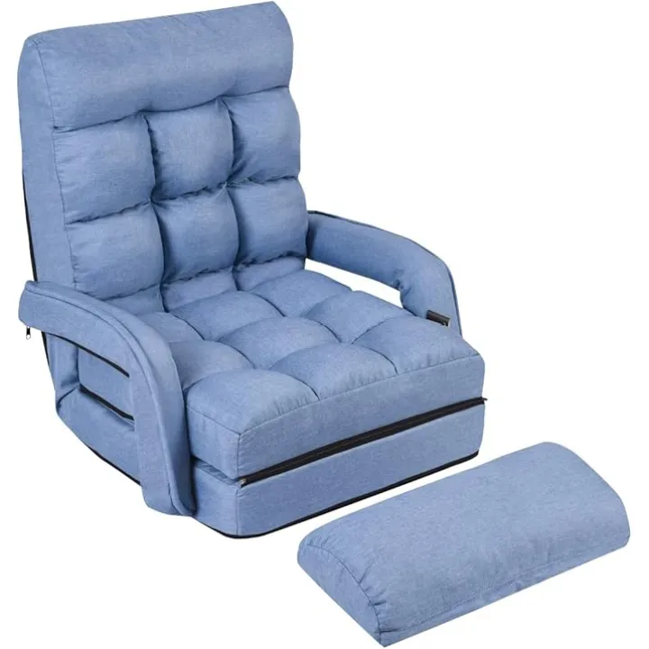 Giantex Folding Lazy Sofa Floor Chair, Indoor Chaise Lounger Bed with 6 Adjustable Position, Pillow, Living Room Lounge Couch(Blue)