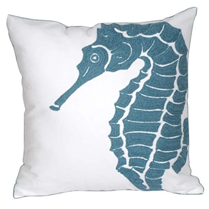 DECOPOW Embroidered Nautical Decor Pillow Cover,Square 18 Inches Decorative Canvas Pillow Cover for Nautical Style Deco by (Seagreen-Seahorse-New)