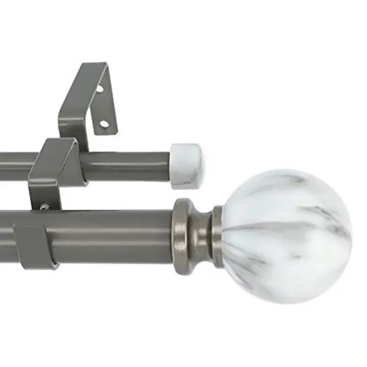 Meriville 1-Inch Diameter Double Window Treatment Curtain Rod, White Marble Ball Finial, 28-inch to 48-inch Adjustable, Gunmetal