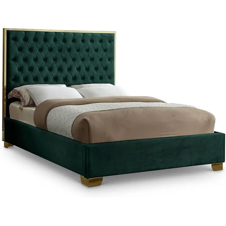 Meridian Furniture Lana Collection Modern | Contemporary Velvet Upholstered Bed with Deep Detailed Tufting and Gold Legs, Queen, Green