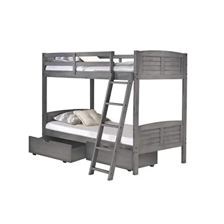 Donco Kids Louver Bunk Bed with Dual Under Bed Drawers, Twin/Twin, Antique Grey
