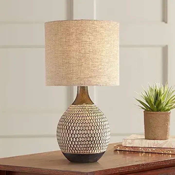 360 Lighting Emma Mid Century Modern Style Accent Table Lamp 21" High Brown Textured Wood Ceramic Oatmeal Fabric Drum Shade Decor for Living Room Bedroom House Bedside Nightstand Home Office