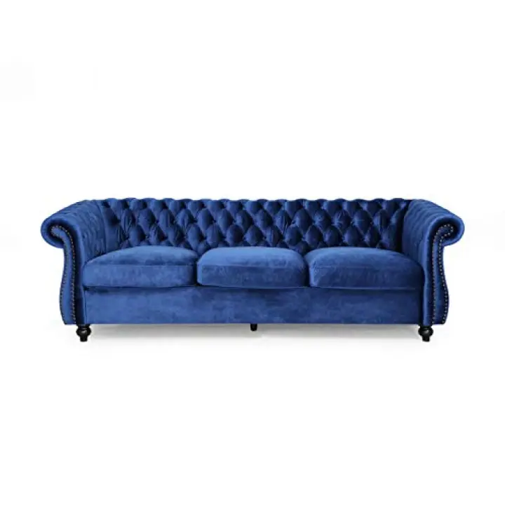 Great Deal Furniture GDFStudio Chesterfield Tufted Jewel Toned Velvet Sofa with Scroll Arms, Navy Blue