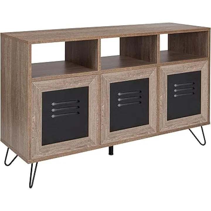 Flash Furniture Woodridge Collection 44"W 3 Shelf Storage Console/Cabinet with Metal Doors in Rustic Wood Grain Finish