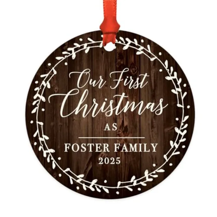 Andaz Press Custom Year Metal Christmas Ornament, Our First Christmas As A Foster Family 2026, Rustic Wood Florals, 1-Pack, Includes Ribbon and Gift Bag Foster Care Ornament Foster Family Ornament
