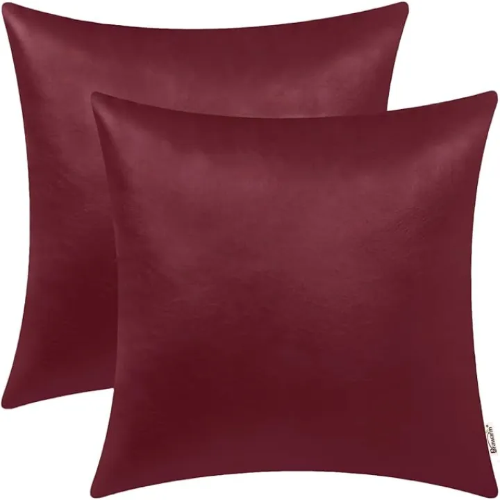 BRAWARM Faux Leather Throw Pillow Covers 18 X 18 Inches - Burgundy Leather Pilow Covers Pack of 2, Solid Dyed Leather Pillowcases for Couch Bed Sofa Garden Home Decorative
