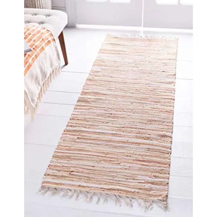 Unique Loom Chindi Cotton Collection Soft Hand Woven Natural Fiber Striped Area Rug, 2 ft x 6 ft, Beige/Ivory