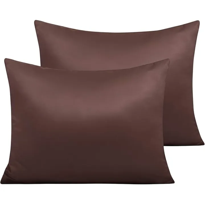 NTBAY Zippered Satin Pillow Cases for Hair and Skin, Luxury Standard Hidden Zipper Pillowcases Set of 2, 20x26 Inches, Dark Brown