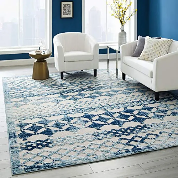 Modway R-1178A-810 Reflect Giada Distressed Vintage Abstract Diamond Moroccan Trellis 8x10 Indoor and Outdoor Area Rug, Ivory and Blue