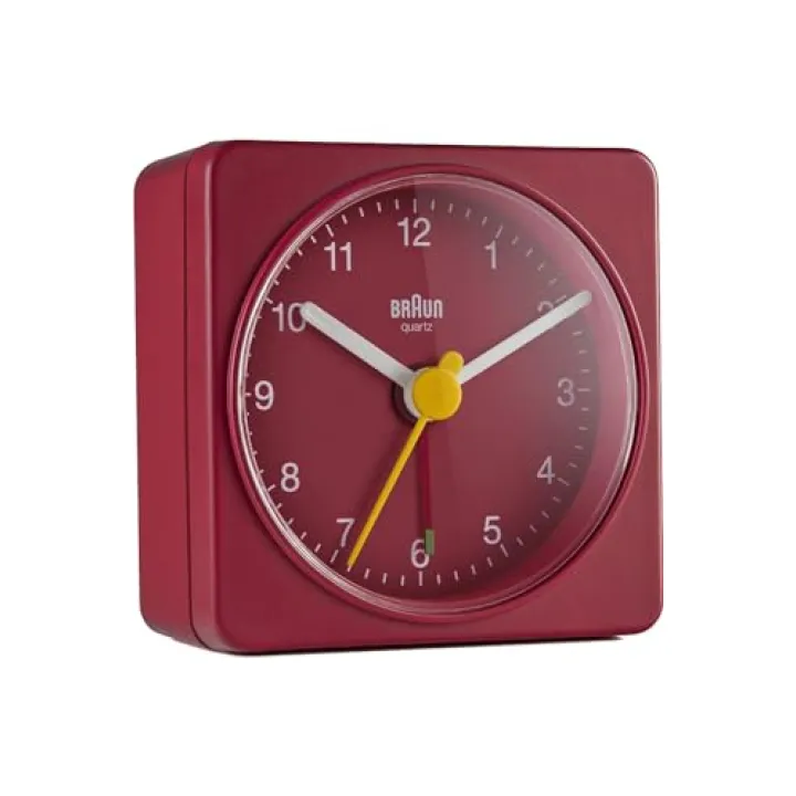 Braun Classic Travel Analogue Alarm Clock, Compact Size, Quiet Quartz Movement, Crescendo Beep Alarm in Red, Model BC02R.