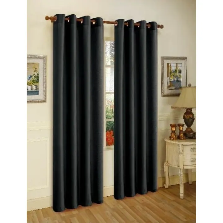 J&V TEXTILES 2 Panels Solid Grommet Faux Silk Window Curtain Drapes Treatment in 84" Length (Black)*