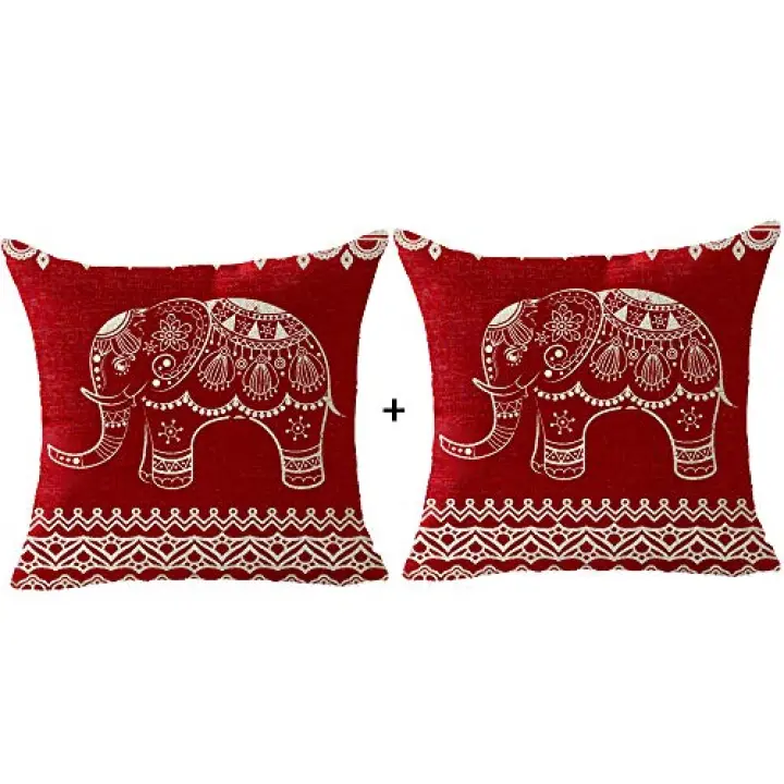 FELENIW Set of 2 Bohemia India Ethnic Style Animal Elephant Mandala Pattern Retro Red Background Throw Pillow Cover Cushion Case Cotton Linen Material Decorative 18X18 inches