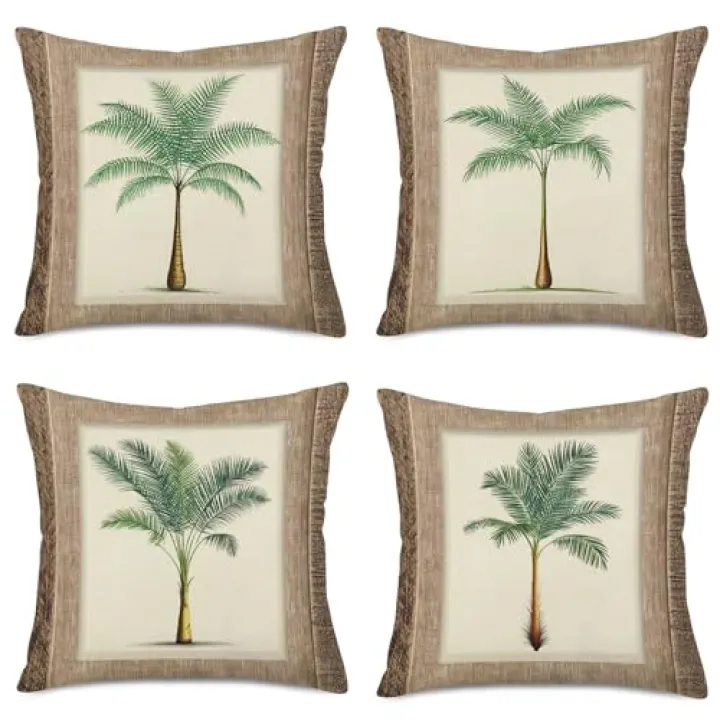 Fukeen Set of 4 Tropical Paradise Plant Throw Pillow Case Coconut Palm Tree Decorative Burlap Cushion Covers Exotic Beach Style Home Office Decorations Cotton Linen Square 18"x18" Pillow Protectors