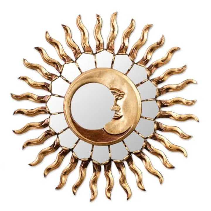 NOVICA Sun and Moon Glass with Tin Wall Mounted Mirror, Brown or Gold Tone, Brilliant Moon'