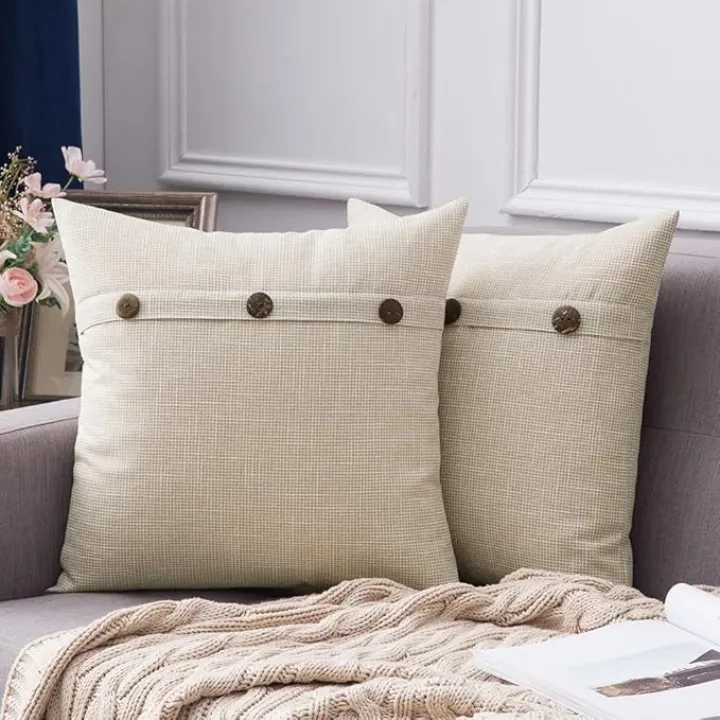 MIULEE Set of 2 Decorative Linen Pillow Covers Farmhouse Vintage with Triple Button Accent Pillows for Couch Sofa Bed Living Room Home Decor 18x18 Inch Beige