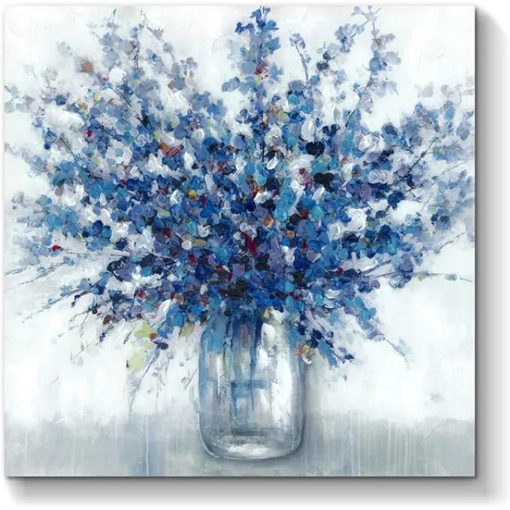 TAR TAR STUDIO Abstract Bouquet Canvas Wall Art: Blue Flowers in Vase Artwork Print Painting for Living Room Office (24''W x 24''H, Multiple Sizes)