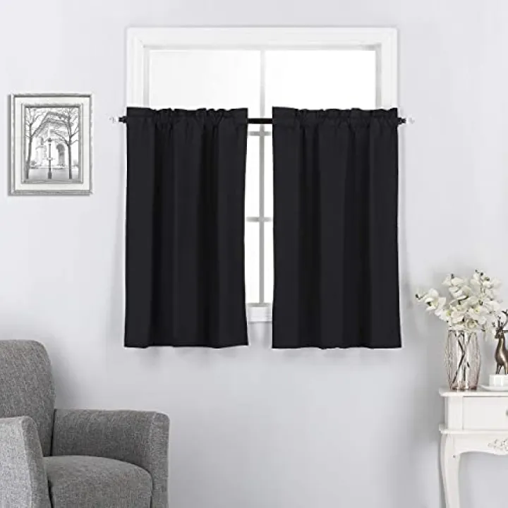 DiamondHome 2 Blackout Panels Small Window Tiers Treatment Curtain Insulated 30" W X 24" L Each for Basement, Kitchen, Bathroom, Or Any Small Window, R16 (Black)
