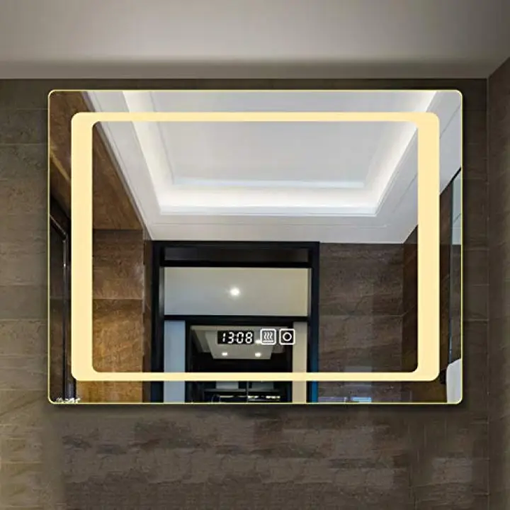 LED Illuminated Bathroom Mirror,Square Wall-Mounted Vanity Mirror with Sensor Switch&Demister&Time Temperature Display White/Warm Dual Light Make-Up Mirror