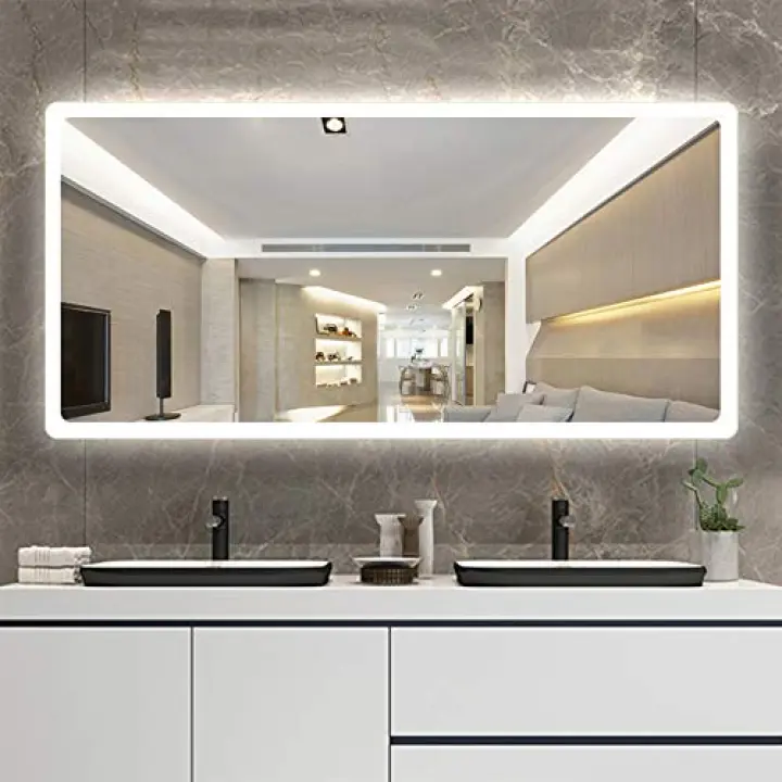 LED Illuminated Bathroom Mirror, Wall Mounted Vanity Mirror, Modern Rectangle IP54 Waterproof Makeup Shaving Lighted Mirror (Horizontal)