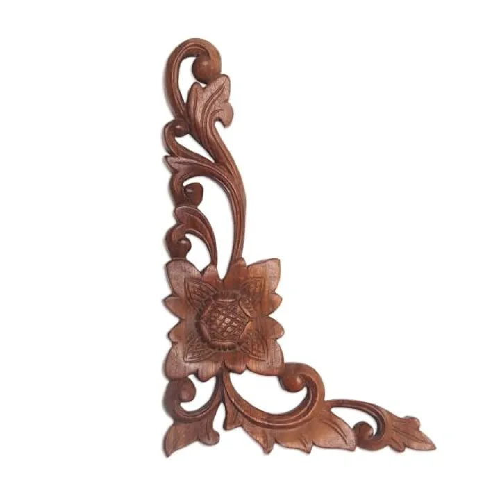 NOVICA Artisan Handcarved Wood Relief Panel Floral Suar from Bali Brown Indonesia Wall Decor Panels [12in H x 7.75in W x 1in D] ' Climbing Flower'