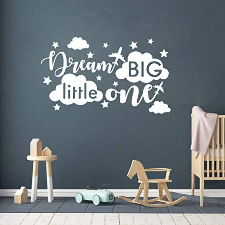Quote Wall Decal, Dream Big Little One Decal, Baby Room Decor, Quote for Kids, Baby Boy Room DecorPlane Decal, Cloud and Star Decal, Wall Decals Nursery Y40 (Small, White)