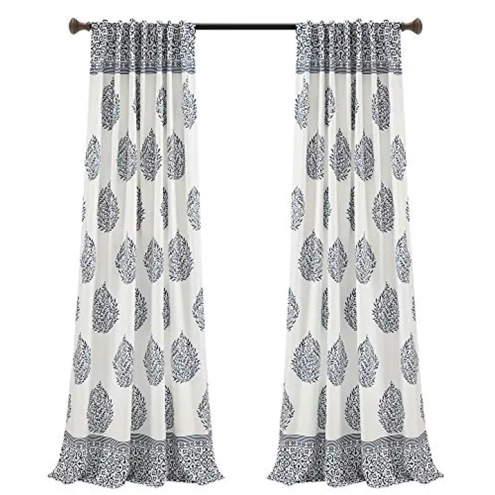 Lush Decor Teardrop Leaf Curtains Light Filtering Window Panel Set for Living, Dining, Bedroom (Pair), 95” x 52”, Navy