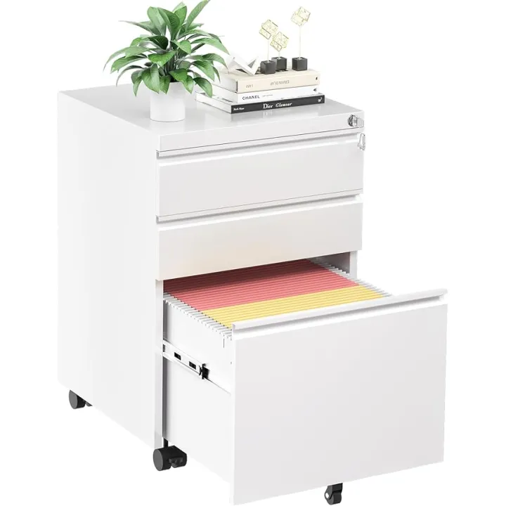 INTERGREAT 3 Drawer Filing Cabinet with Lock, White Mobile File Cabinet with Wheels, Rolling Small Metal Cabinets Under Desk for Home Office, Assembled