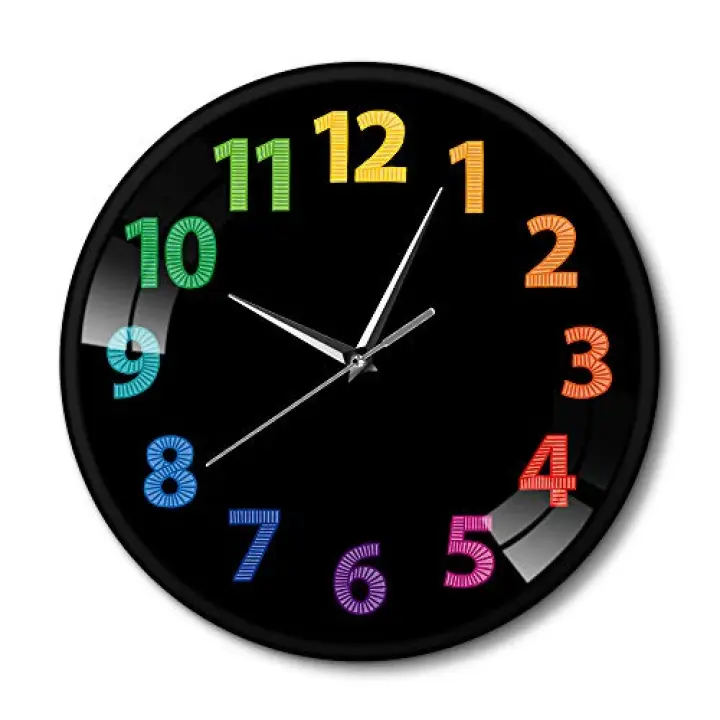 The Geeky Days Colorful Numbers Modern Wall Clock Decorative Rainbow Printed Wall Watch Living Room Silent Quartz Metal Black Clock Home Decor