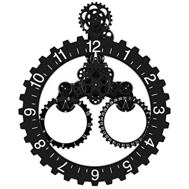 SHISEDECO Hour and Days Display Design Premium Plastic 3D Moving Large Gear Wheel Wall Clock, Perfect for Living Room, Reading-Room, Restaurant, Office Decor (B-Black)