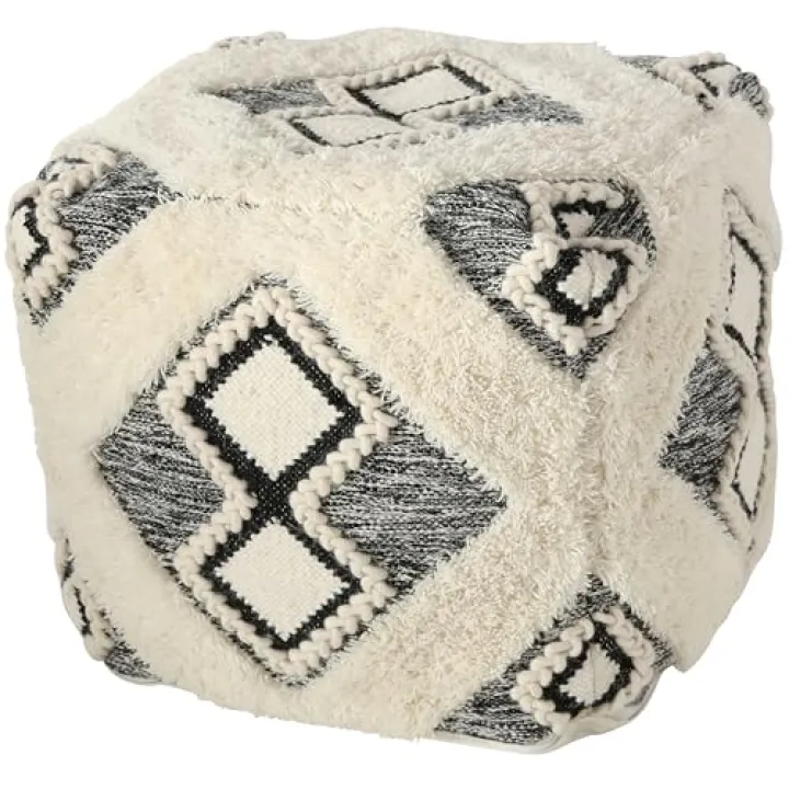 WHW Whole House Worlds Tufted Square Pouf, Cotton, Wood and Poly Bean Filling, Black and White Ottoman, 19.75 Inches