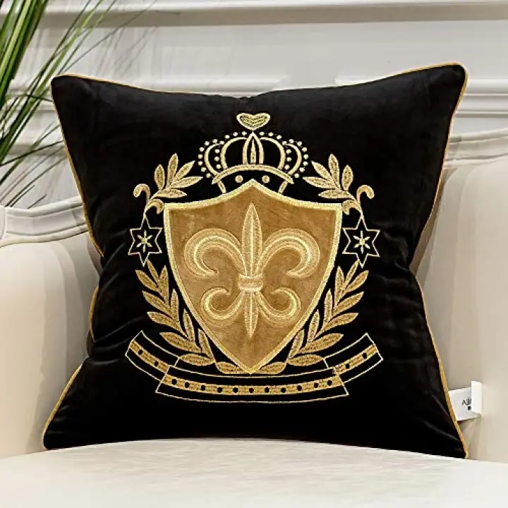 Avigers 18 x 18 Inch Shield Embroidery Velvet Cushion Cover Luxury European Pillow Case Pillowcase Home Decorative for Sofa Chair Bedroom Throw Pillow, Black