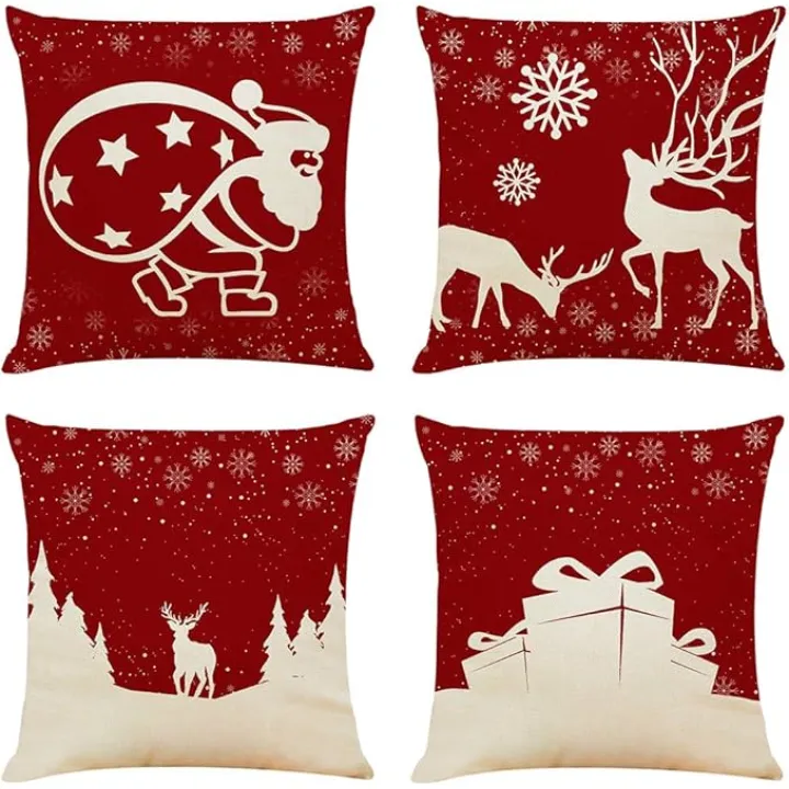 Sunnyglade 4PCS 18"x18" Christmas Throw Pillow Covers Christmas Decorative Couch Pillow Cases Cotton Linen Pillow Square Cushion Cover for Sofa, Couch, Bed and Car (Christmas A-4PCS)